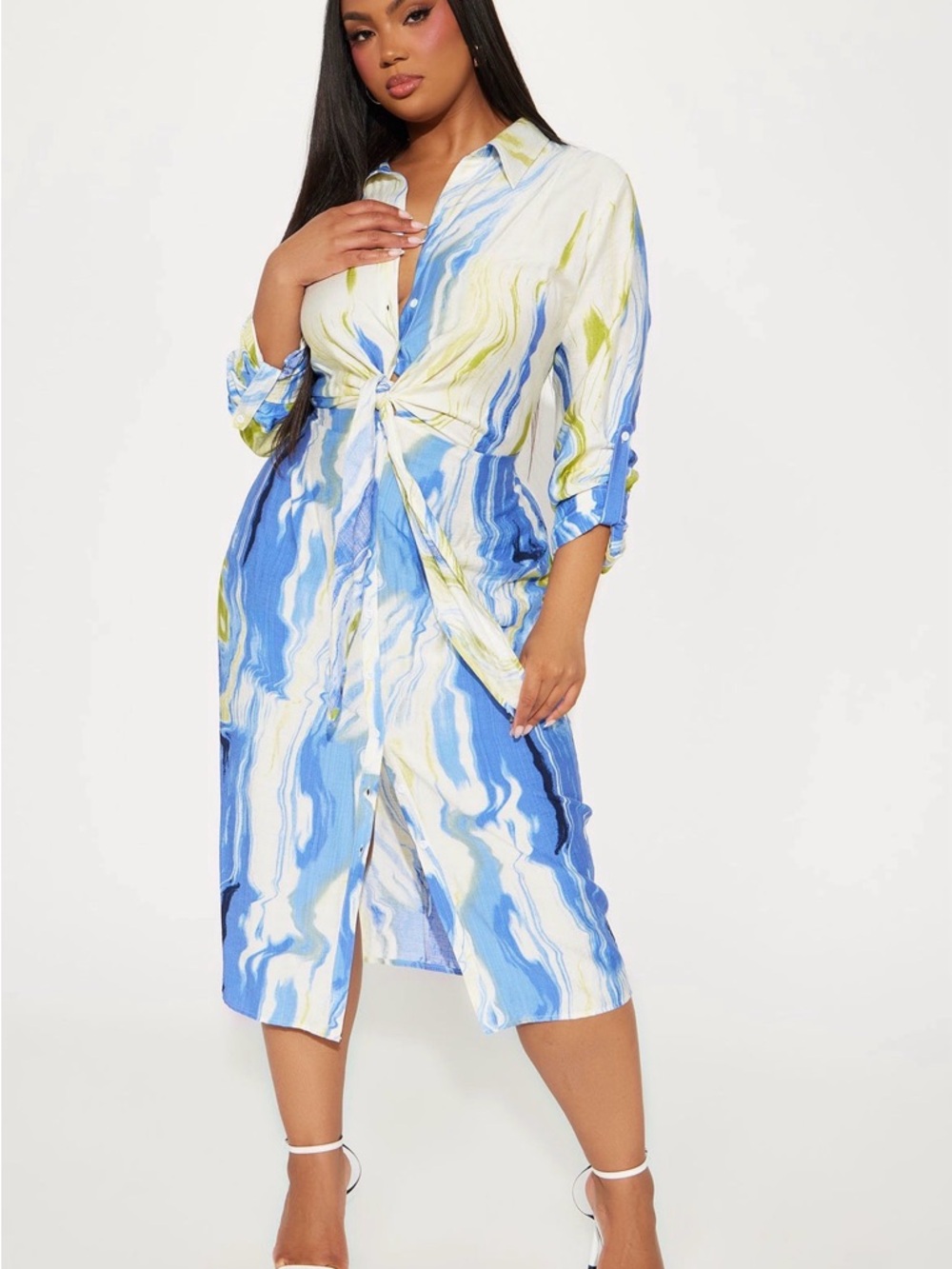 Fashion Nova Blue, White & Lime Marble-Print Button Front Midi Dress